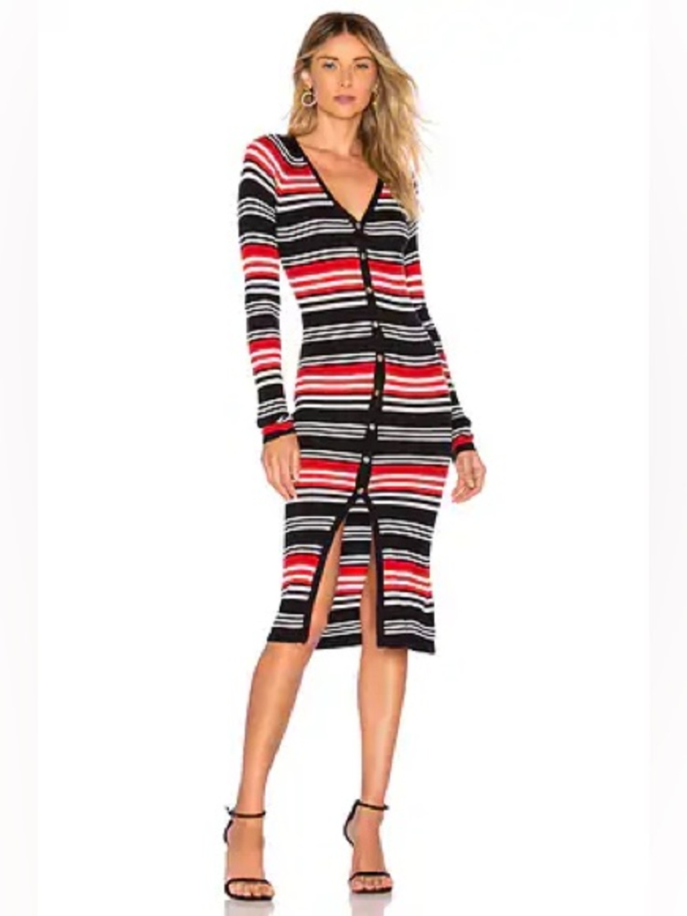 NICHOLAS Merino Rib Cardigan Dress | Black, Red & White Stripe $400